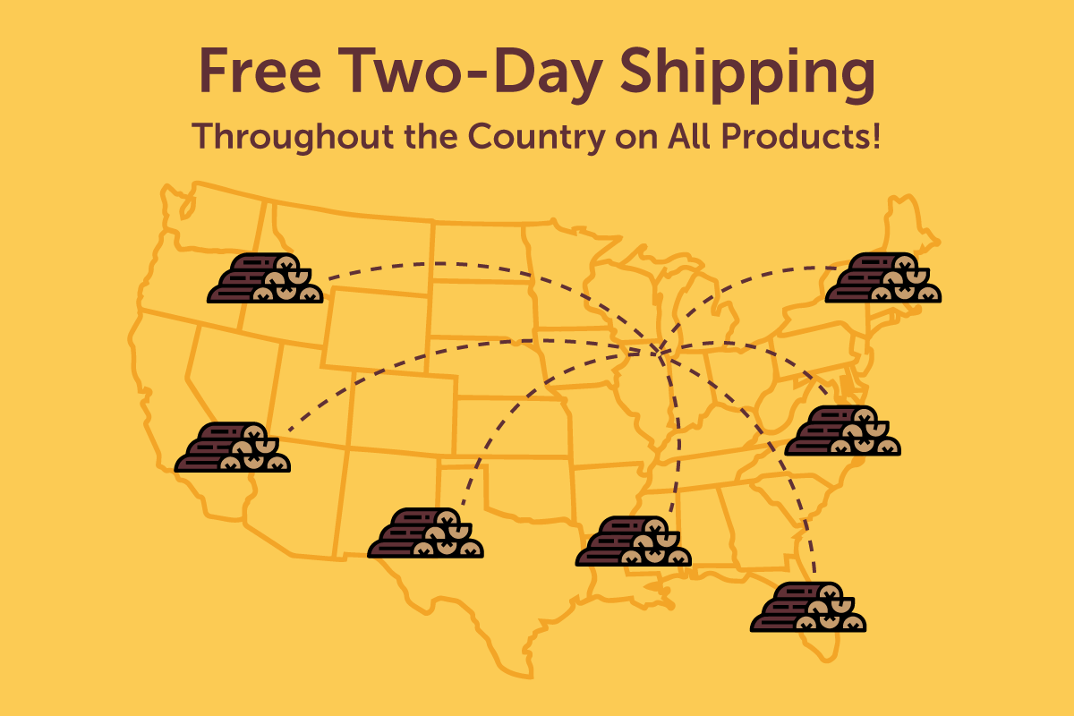 Graphic illustrating that Hot Box provides free two-day shipping on firewood delivery nationwide